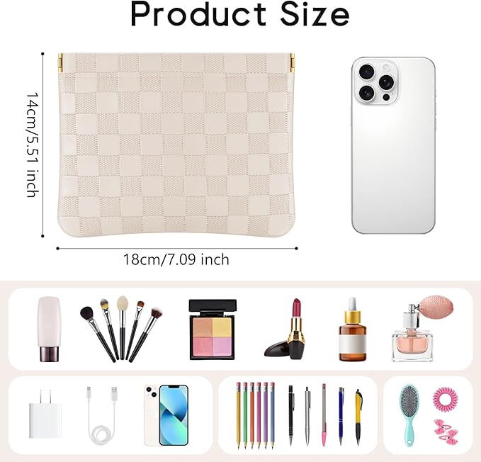 Sightor 2PCS Pocket Cosmetic Bag for Purse, Checkered Makeup Bag Portable Leather Cosmetic Bag for Women, Coin Purse Lipstick Cosmetic Accessories Organizer Travel Cosmetic Pouch (Black, Beige, L)