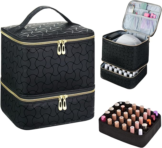 Nail Polish Organizer and Nail Lamp Case, Nail Kit Organizer Holds 30 Bottles (15ml - 0.5 fl.oz) and a Nail Lamp, Nail Polish Carrying Case with Manicure Tools Storage Sections (B-Black)