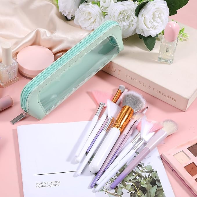 Small Clear Makeup Bag, PU Leather Travel Makeup Brush Bag Portable Transparent Waterproof Cosmetic Organizer Pouch with Zipper for Women Home Travel Office Cosmetic Storage (Light Green)