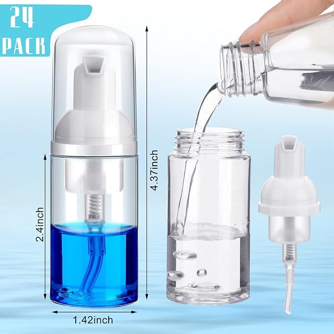 24 Pcs Foam Pump Bottles 1 Oz/ 30 ml Plastic Mini Empty Dispenser Travel Soap Foaming Bottles for Refillable Hand Sanitizer Lash Shampoo(Clear)