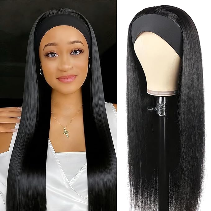 XSY Straight Headband Wig Human Hair 18 Inch Glueless No Lace Front Wig Brazilian Virgin Human Hair Headband Half Wigs for Black Women Machine Made Wig Natural Color