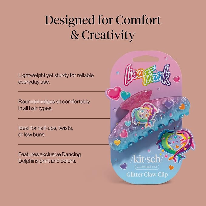 Lisa Frank x Kitsch Glitter Hair Clip for Women – Secure Hold Claw Clip | Sparkly Hair Accessories with Strong Grip, Recycled Acrylic | Ideal Gifts for Women - Dancing Dolphins