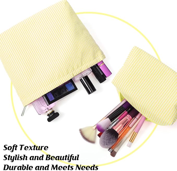 2 Pcs Makeup Bag Set Cute Cosmetic Pouch for Women Seersucker Travel Toiletry Bag Preppy Small Makeup Purse Pouch Aesthetic Skincare Brushes Storage Organizer for Valentine Women(Yellow)