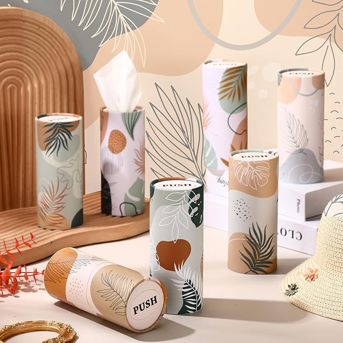 Outus 12 Pcs Boho Car Tissues Cylinder Holder with 3 Ply Facial Tissue Bulk Black White Round Tissue Holder Travel Tissues Boxes Container for Car Cup Wedding Birthday Party