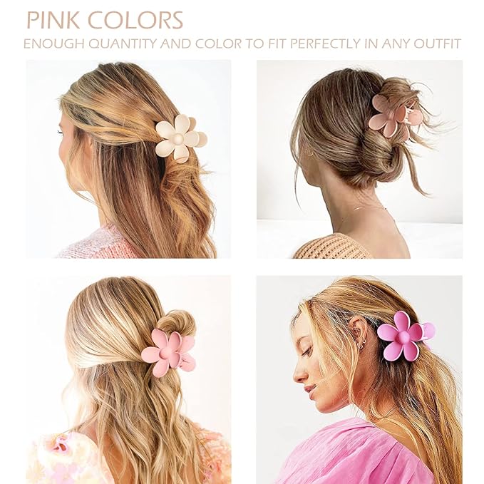 Large Hair Claw Clips 12 Pack, Flower Hair Clips for Thin Hair, Big Square Matte Strong hold for Thick Hair, 3 Styles Hair Clips for Women Thick Hair Pink Colors