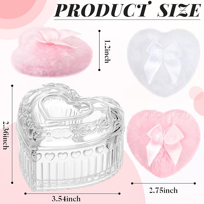 Tioncy 3 Pcs Large Body Powder Puff and Container Valentine's Day gift Powder Container with Puff Crystal Case Soft Washable Reusable Velour Face Body Glitter Wet Dry Makeup(Heart,Clear)