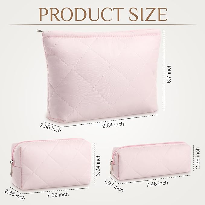 Paterr 3 Pcs Quilted Makeup Bag Set Small Bridesmaid Cosmetic Bag Aesthetic Travel Toiletry Pouch Cute Purse Pencil Case Makeup Storage Organizer for Women Birthday Gifts(Cotton,Pink)