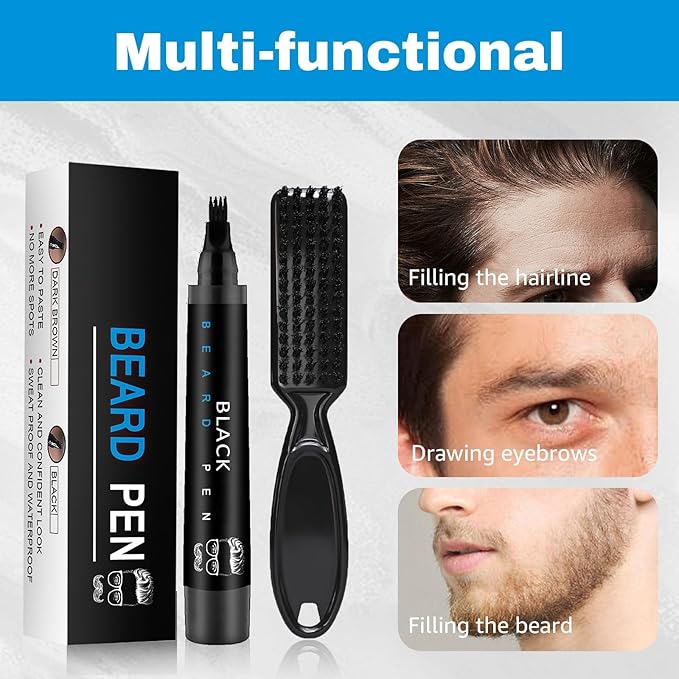 Beard Pencil Filler for Men Black - Beard Pen with Brush, Barber Pencil Smudge-proof & Water-proof Grooming Kit for Men Creating Natural Beard Color, Gifts for Men (Deep Black)
