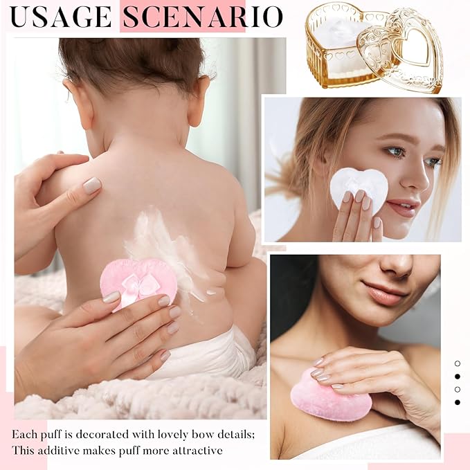 Tioncy 3 Pcs Large Body Powder Puff and Container Valentine's Day gift Powder Container with Puff Crystal Case Soft Washable Reusable Velour Face Body Glitter Wet Dry Makeup(Heart,Amber)