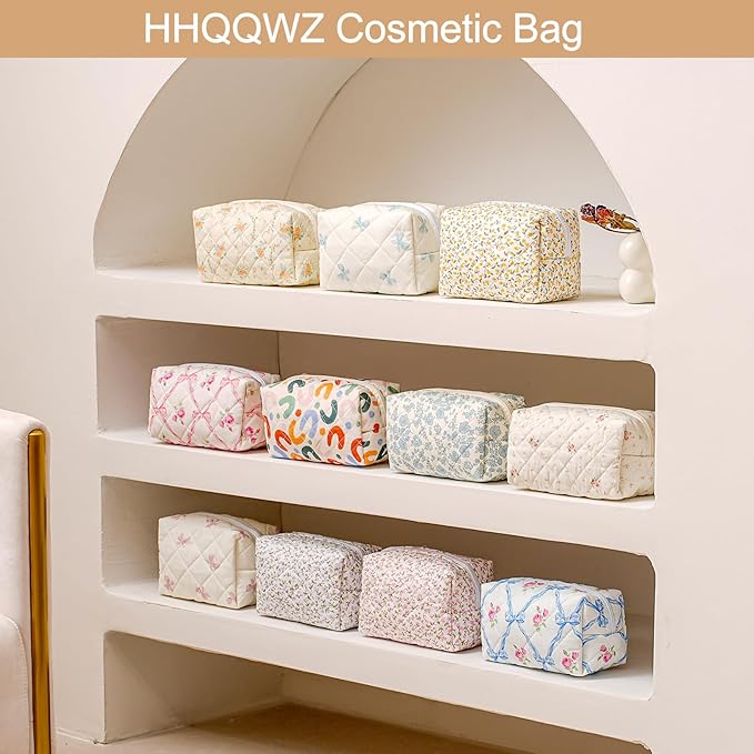 Makeup Bag Travel Cosmetic Bag for Women Girls, Zipper Make Up Pouch, Floral Flowers Toiletry Organizer Makeup, Portable Storage Cosmetic Travel Cloth Bag (Pink Bow Tie+Blue Bow Tie)