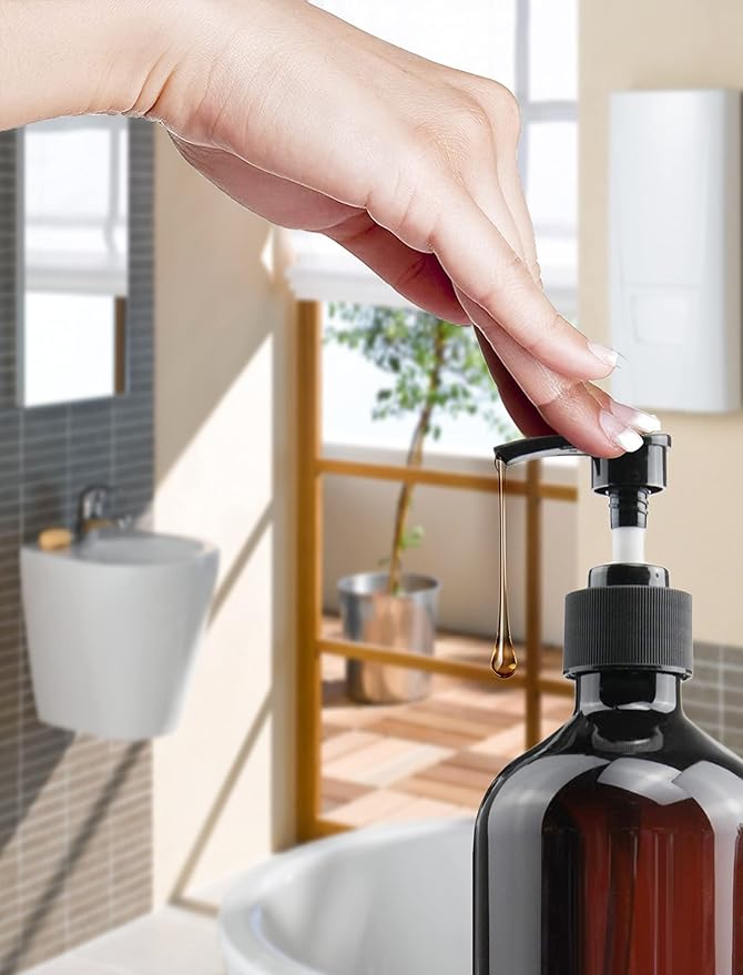 Empty Plastic Bottles with Pump Dispenser and Labels Included, Refillable Travel Containers for Hand sanitizer Shampoo Lotion, etc - No BPA/Parabenf, 500ml/16.9oz (Amber, 6 Pack)