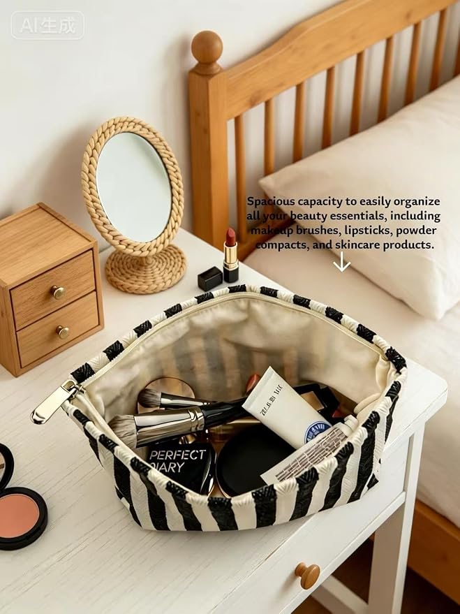 Large Black White Stripe Makeup Bag - Canvas Lined Cosmetic Toiletry Travel Pouch | Purse Organizer for Women & Girls