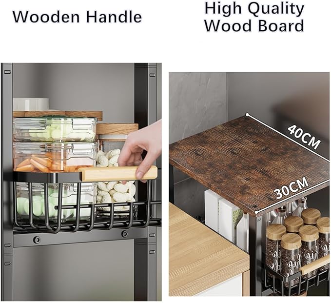 Metal Wire Baskets with Wheels, Stackable Storage Bins Kitchen Organizer Shelf, Multi Layer Fruit Vegetable Cart Dishes Seasonal Rack Freestanding with Pull Out Slide Drawer