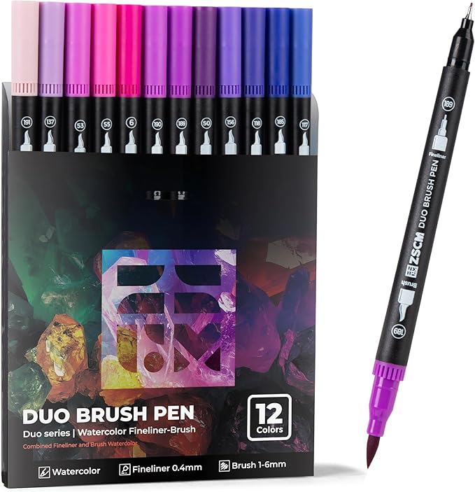 Purple Duo Tip Marker Pens, 12 Pack Fine & Brush Markers for Adult Coloring Books No Bleeding, Royal Purple Markers for Fantasy Art, Mystical Patterns, Creative Shadows and Luxury Themes