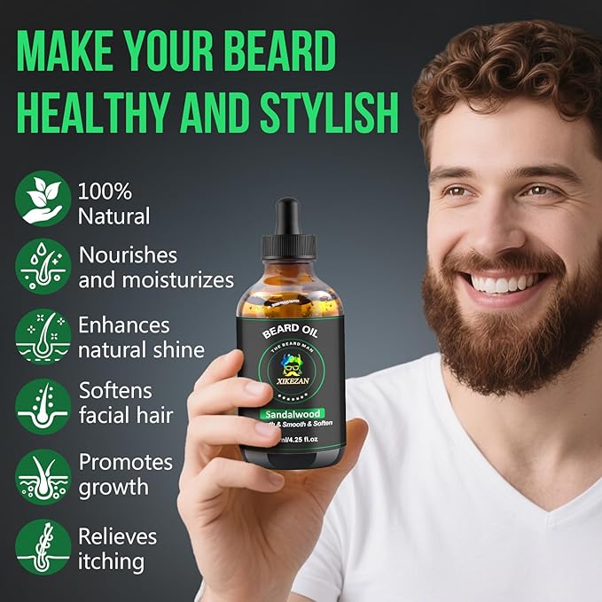 XIKEZAN Beard Oil,Beard Oil for Men,120ml/4.25 OZ Large Volume Sandalwood Natural Beard Growth Oil,Promote Beard Care Growth Mustaches Soften Strength Leave in Conditioner,Unique Gifts for Men Him Dad