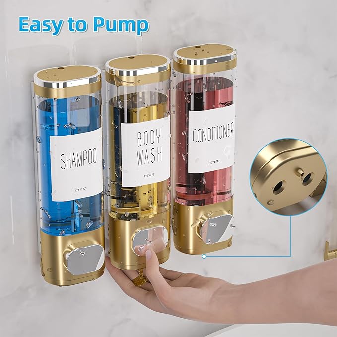 VITVITI Shampoo and Conditioner Dispenser for Shower Wall, Shower Soap Dispenser 3 Chamber No Drill Wall Mounted, 10.2 OZ Plastic Refillable Shower/Body Wash Bottles for Bathroom (Glod)