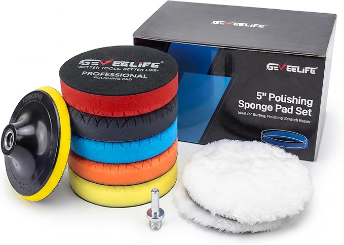 GEVEELIFE 9Pcs Buffing Polishing Pads Kit, 5 Inch Buffing Pads, Sponge & Woolen Pads with M14 Drill Adapter & Backing Plate for Car Care, Polishing, Washing, Cleaning, Waxing