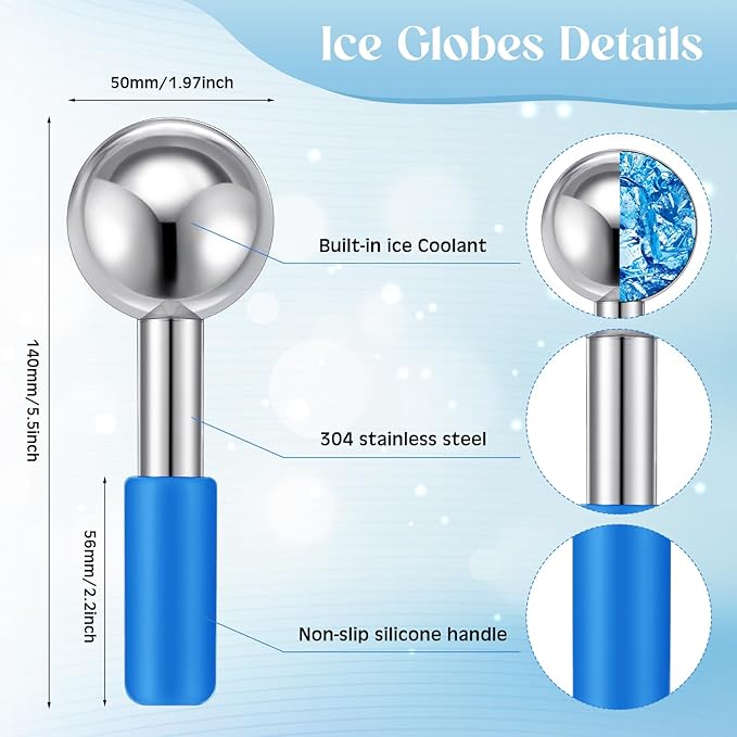 Baderke 2 Pcs Ice Globes for Face Stainless Steel Cooling Globes Unbreakable Cooling Roller Women Ice Balls Cryo Sticks Facials Skin Care for Dark Circles, Puffiness(Silver (Blue Handle))