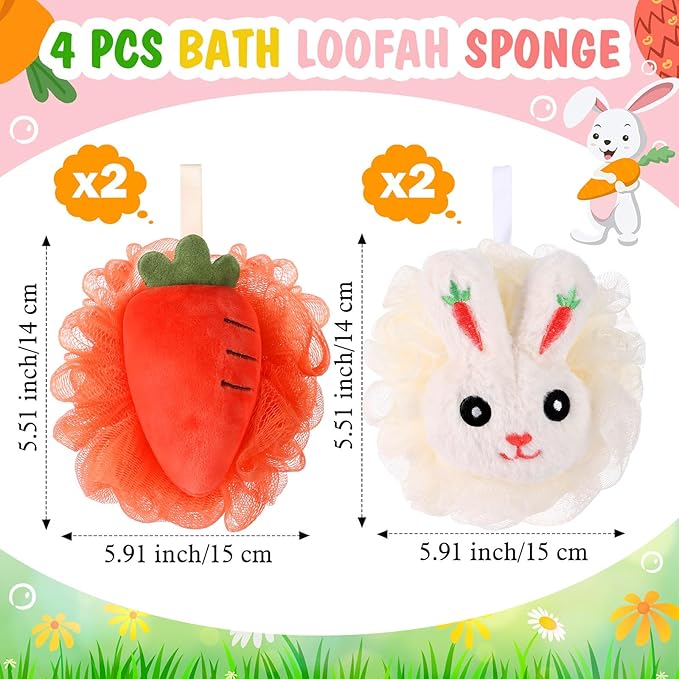 4 Pcs Rabbit Carrot Bath Loofah Sponge Cartoon Body Scrubber Loofah Soft Mesh Exfoliating Bath Scrubber Shower Ball for Shower Sponge Gifts Exchange Birthday Party