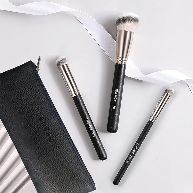 ENERGY Makeup Brush Set Professional 3pcs Foundation Concealer Detail Brushes Soft Synthetic Bristles Vegan Face Makeup Brushes for Liquid Cream Powder Flawless Blending Buffing with Travel Case