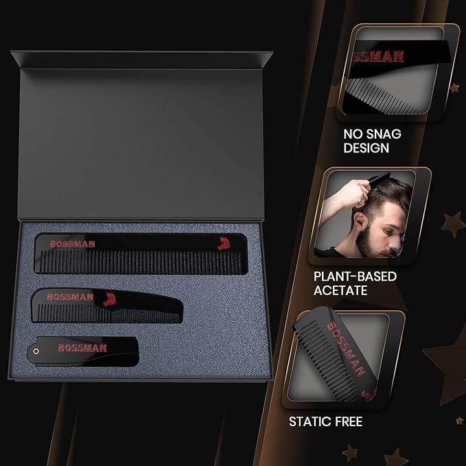 Bossman Acetate Beard, Mustache, & Hair Comb Set of 3 - Combs for Men with Minimalistic Magnetic Box (7.5-Inch, 5-Inch, 3.5-Inch) - Features Rounded Teeth, Double-Sided Teeth, and Foldable Design