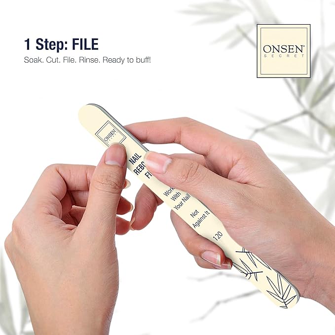 Onsen Secret Japanese Nail Reboot Cuticle Oil Kit | Buffer and Shine Kit w/ Professional File, 3-Way Buffer Block & Free Replacement Pads | Strengthening Combo for Healthy Nails, 1pk