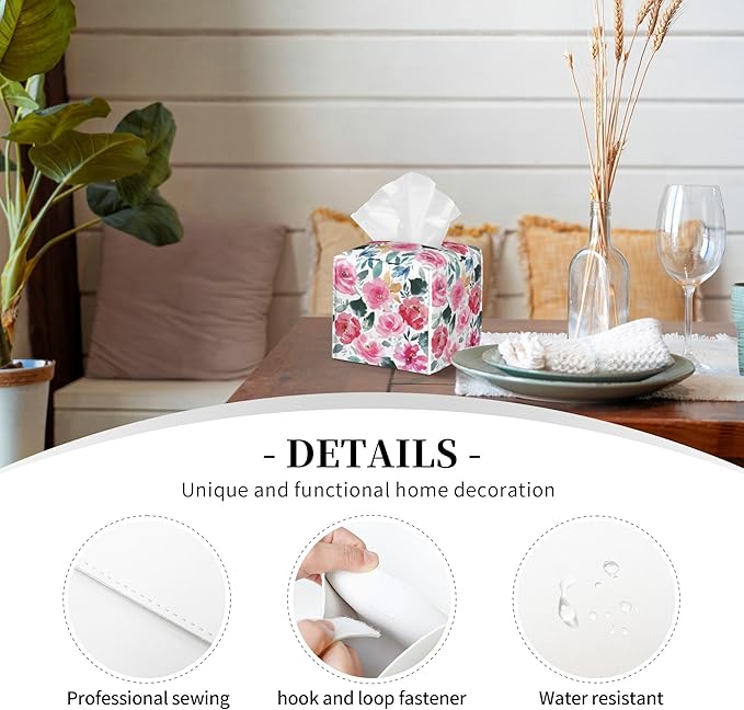 Pink Flowers and Green Leaves Tissue Box Cover Square,Abstract Watercolor Floral Tissue Box Holder Waterproof Leather Facial Paper Organizer Dispenser for Bathroom Home Car Nightstand Vanity Desk
