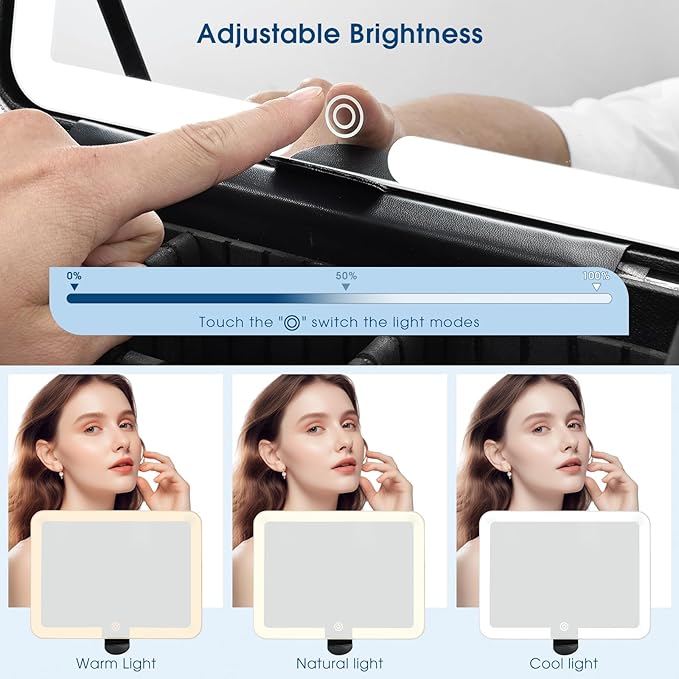 Leather Makeup Case with LED Lighted Mirror 11.4 Inch Travel Makeup Bag Adjustable Brightness in 3 Colors Cosmetic Organizer Artist Storage Bag with Dividers Brush Holder Bag Vanity Blue