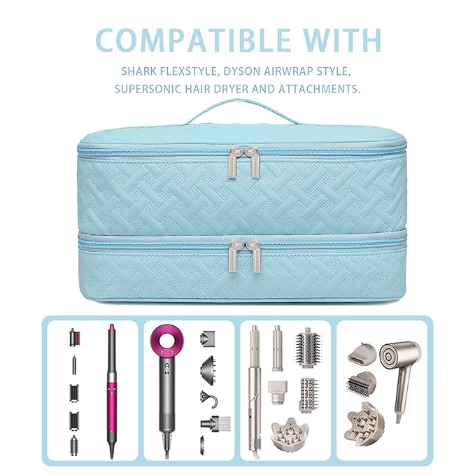 Double-Layer Travel Carrying Case for Hair Dryer/Shark Flexstyle/Dyson Airwrap and Hair Styler Attachmentst Portable Storage Organizer Bag Hair Tools Travel Bag (Blue)