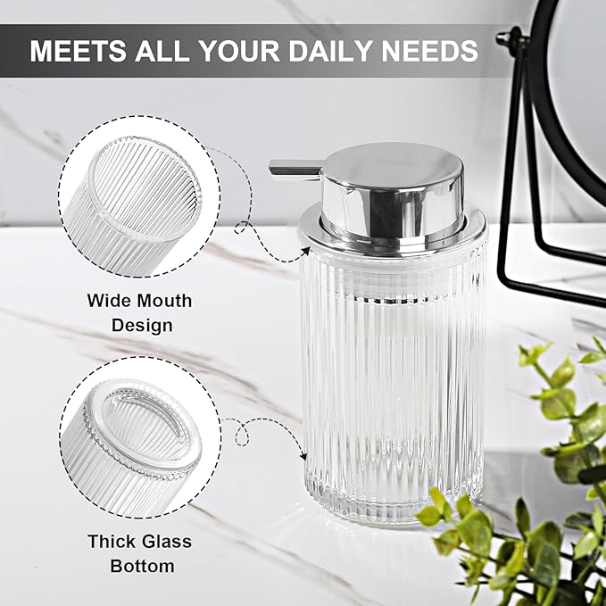 Foaming Soap Dispenser, 11 Fl Oz Clear Glass Foam Hand Soap Dispenser for Bathroom & Kitchen, Refillable Foaming Bottle with Sliver Pump, Modern Ribbed Dish Soap Foam Dispenser