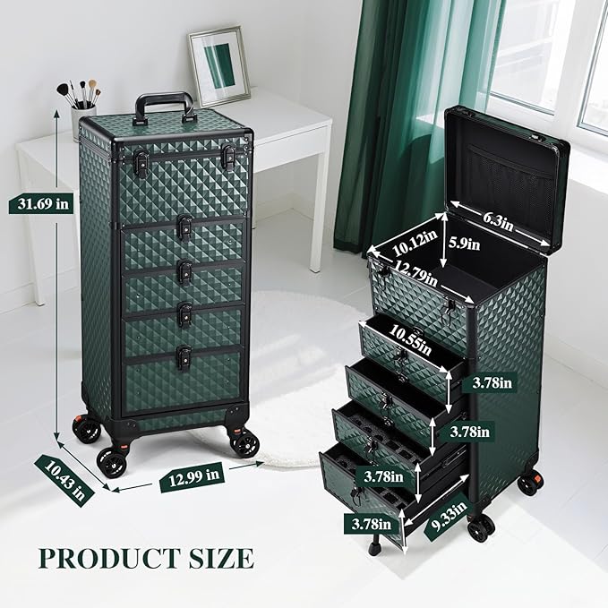 Nail Salon Cart with 4 Drawers,Rolling Makeup Train Case for Beauty,Cosmetology Case on Wheels Trolley Cart,Lockable Organizer Travel Case for Manicure/Face Painting/Hairstylist,DARK GREEN