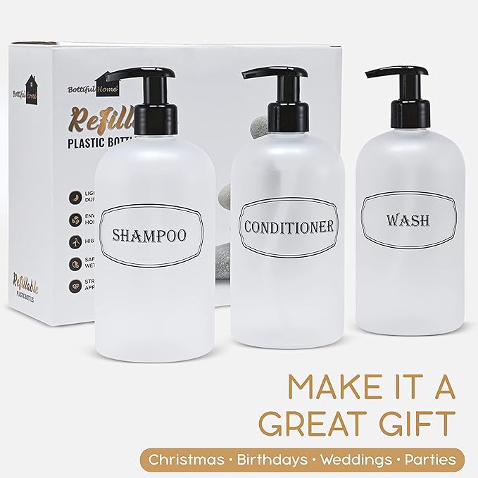 16 oz Shampoo, Conditioner, Wash Refillable Empty Plastic Pump Bottle Dispenser Set (Frosted Clear)