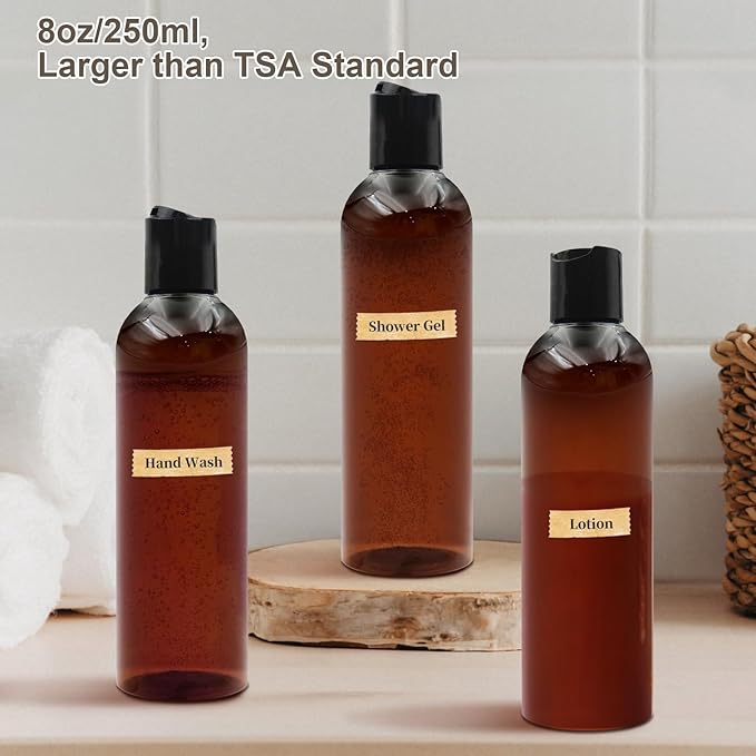 6 Pack 8 oz Amber Plastic Squeeze Bottles with Black Disc Caps Refillable Empty Travel Containers Bottles for Shampoo Conditioner Toiletries Lotions Oils BPA Free