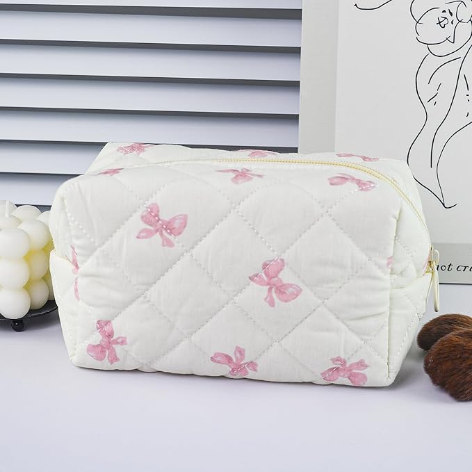 Quilted Makeup Bag Floral Cotton Make up Bag Puffy Coquette Makeup pouch Aesthetic Cute Travel Toiletry Bag for Women Girls