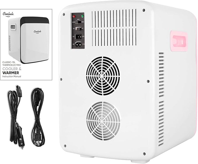 Cooluli 15L Mini Fridge for Bedroom - Car, Office Desk & College Dorm Room - 12V Portable Cooler & Warmer for Food, Drinks, Skin Care, Beauty, Makeup & Cosmetics - AC/DC Small Refrigerator (Pink)