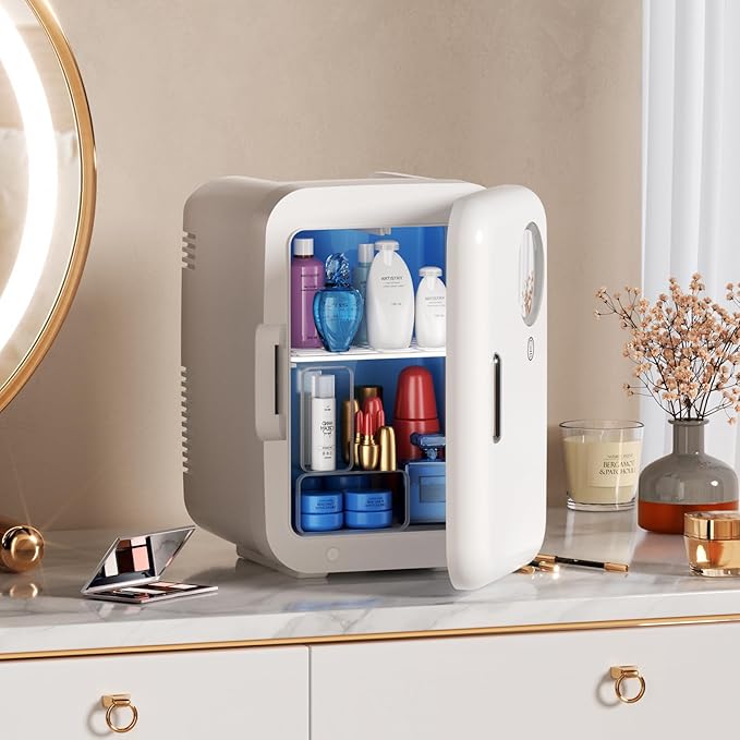 Compact Intelligent Cosmetic Mini Fridge(4L) - Skincare/Makeup/Drinks Cooler/Warmer with LED Makeup Mirror, Color Lights, Low Noise (30dB), AC/DC for Home/Dorm/Car