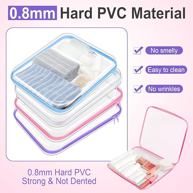Hoolerry 4 Pcs Hard Clear Zipper Case Makeup Bags Plastic Zipper Pouch Transparent Storage Box Containers for Cosmetics, Snacks, Building Blocks, Puzzles(Clear,13.8 x 11.8 x 2 in,Multicolor)