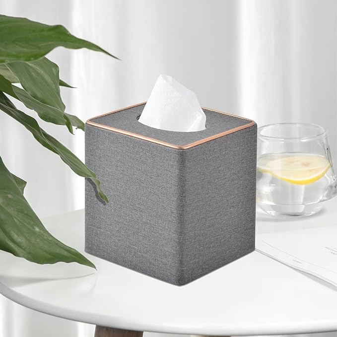 Linen Square Tissue Box Holder Cube Tissue Box Cover－Rosegold Leather Recorate,Napkin Holder Case Dispenser, Tissue Holders with Magnetic Bottom for Home Office Car Hotel Restaurant,Grey