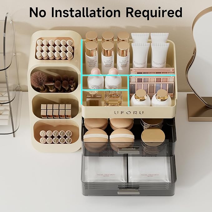Makeup Organizer for Vanity with Brush Holder, Countertop Skincare Organizer with 2 Drawers, Spacious Cosmetic Display Case for Perfumes, Eyeshadow Palettes, Nail Polishes
