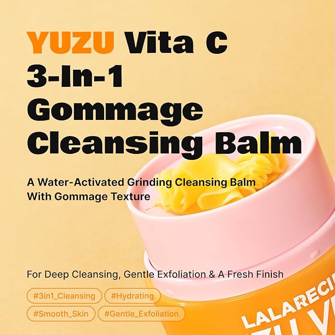 LALARECIPE Yuzu Vitamin C 3-in-1 Gommage Cleansing Balm, Korean Makeup Remover with AHA for Blackheads & Exfoliation, Vegan Facial Cleanser for All Skin Types (1.69 Fl Oz / 50ml)