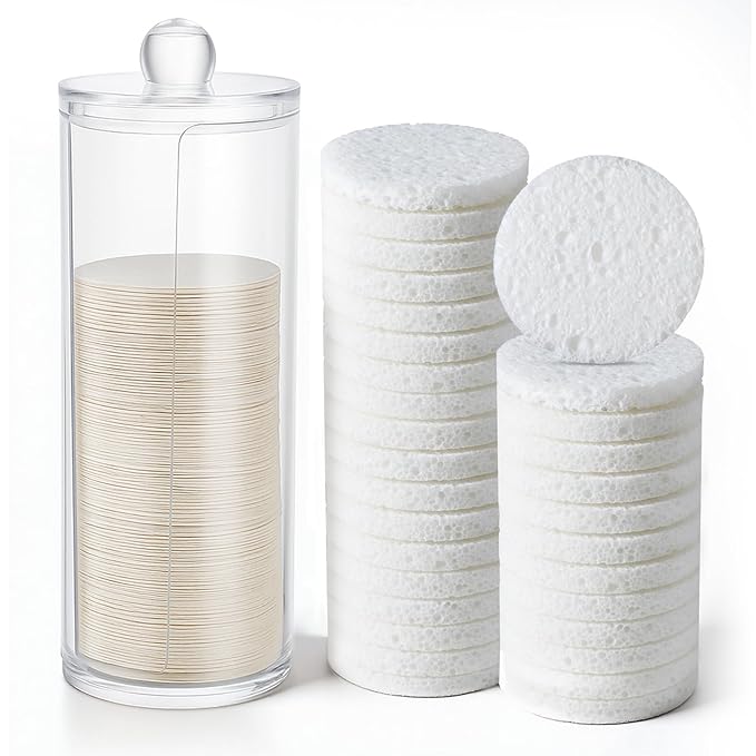 120 Pcs Compressed Facial Sponges with Container, Disposable Round Face Sponge Pads Portable Makeup Removal Wash Sponges for Women Cleansing Makeup Spa (White)