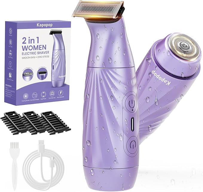 New Designed for Sensitive Skin Painless 2-in-1 Bikini Trimmer for Women,Dual Heads Electric Shaver & Razor for Body Pubic Underarm&Facial Hair,IPX7 Waterproof,Rechargeable Cordless Razor