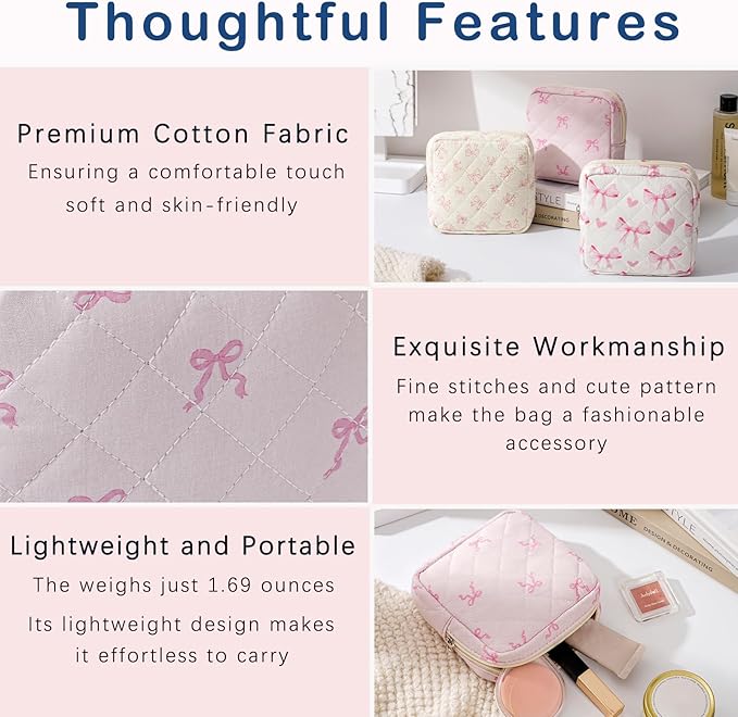 Small Quilted Cosmetic Pouch for Purse, Mini Cotton Makeup Bag with Compartments, Cute Zipper Lipstick Holder for Women (05Small Pink bow)