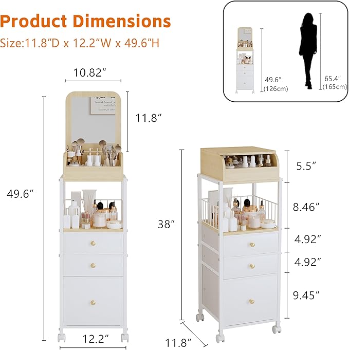 Makeup Organizer Cart with Vanity Mirror, Floor Skincare Organizers Make Up Organizers-Vanity Organizer Cosmetic Display Cases Holder for Skin Care Perfume Nail Polish Brush Hair Tool (White)