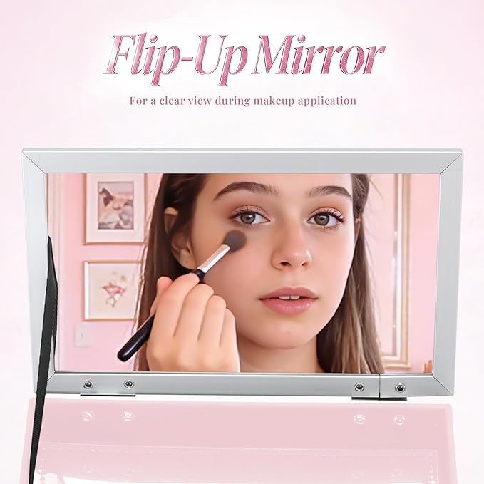 FRENESSA Makeup Case Organizer Portable Makeup Train Case Cosmetic Box with Mirror Jewerly Tray for Girls Nail Supplies Make Up Cases Organizers and Storage Kids Craft Case Pink