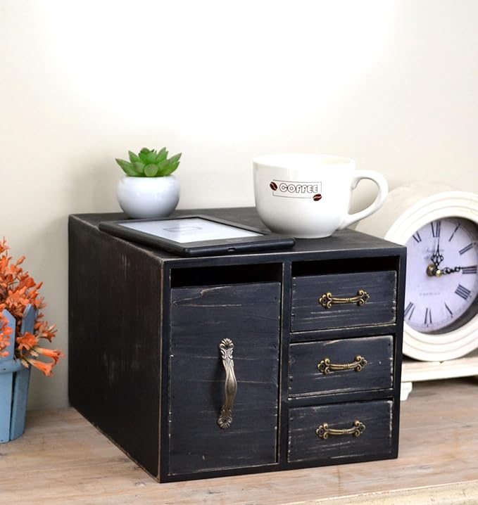 Rustic Beauty Organizer 4 Drawers - kitchen storage Wooden Cosmetic Storage Box for Neat & Home Office Desk &Organize &Storing of Makeup Tools,Bathroom Counter-top(Black, L)