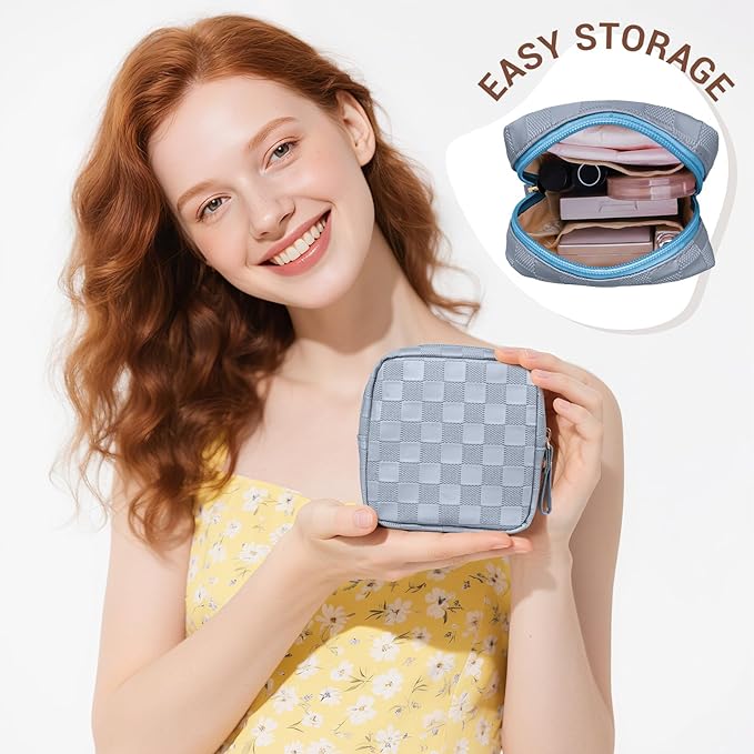 MAGEFY Small Makeup Bag for Purse, Checkered Makeup Bag Small Pouches for purse Leather Mini Make Up Bag Cute Cosmetic Bag for Women with Slip-in Pockets,Blue Haze