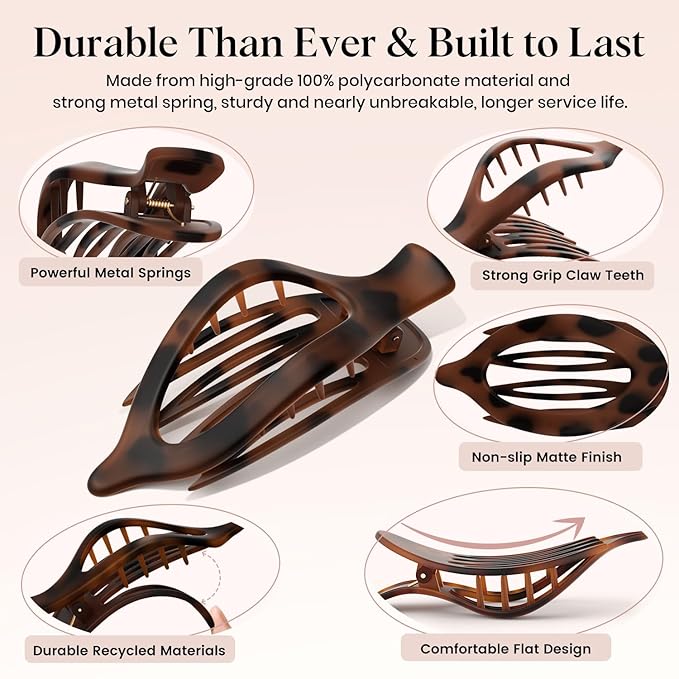 6 PCS Large Flat Hair Clips for Women, French Concord Lay Down Flat Claw Clips for Thick Thin Hair, Comfortable Curved Hair Clip, Matte Non-slip Strong Hold Hair Accessories, Tortoise & Black