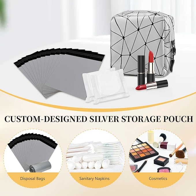 Sanitary Napkin Disposal Bags with Portable Storage Pouch Set, 100Pcs Silver Thick Leak-Proof, Odor-Lock Feminine Hygiene Disposal Bags for Pads Tampons, Perfect for On-the-Go Essentials