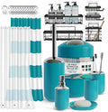 Clara Clark Bathroom Accessories Set - Bathroom Set with Adhesive Corner Shower Caddy Hanging, 25PC Bathroom Accessory Set, Teal Shower Curtain Set, Toilet Brush, Trash Can & Soap Dispenser